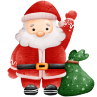 Isolated cute chubby santa claus with green present sack in watercolor style and transparent background png