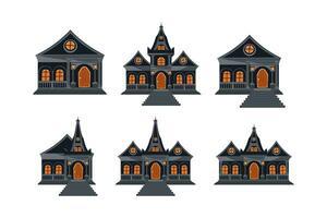 Halloween castle icons set. A collection of cartoon gloomy houses with a lantern at the entrance with windows and steps. An isolated building of a dark color. Vector illustration.