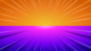 Comic orange purple background with halftone effect and rays. Sunburst background illustration for your design. vector