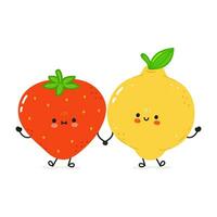 Lemon and Strawberry card. Vector hand drawn doodle style cartoon character illustration icon design. Happy Lemon and  Strawberry friends concept card