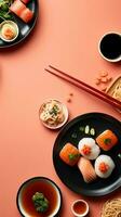 Top view of a simple Asian meal ramen dumplings and sushi illustrating diverse flavors AI Generative photo