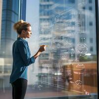 Woman strategizing business plans on a clear glass board with ample left-side copyspace for branding AI Generative photo