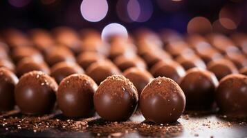 Luxurious Milk Chocolate Truffles on Bright Polished Surface with Bokeh Effect AI Generative photo