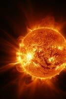 Hyper-realistic image of the sun's surface showcasing the raw power of erupting solar flares AI Generative photo