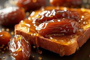 Saudi Arab Dates toast, macro shot of a fresh breakfast with Dripping Honey, AI Generated photo