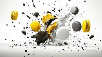 Explosion from macarons, black and white, one is color yellow, white background AI Generated photo