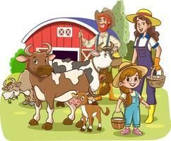 ilustración de un familia de granja caracteres y su vacas en un granja vector