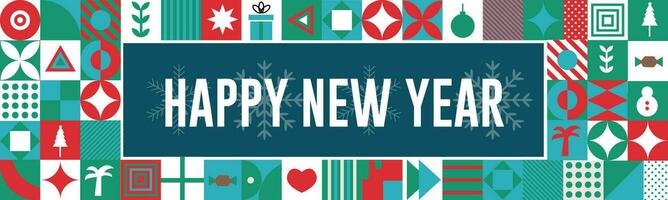 Happy New Year banner with text calligraphy background and geometric abstract retro modern colorfull design . vector