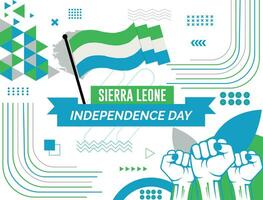 sierra leona nacional día bandera con mapa, bandera colores tema antecedentes y geométrico resumen retro moderno colorido diseño con elevado manos o puños vector