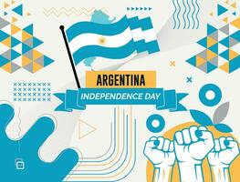 ARGENTINA  national day banner with map, flag colors theme background and geometric abstract retro modern colorfull design with raised hands or fists. vector