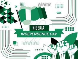 NIGERIA national day banner with map, flag colors theme background and geometric abstract retro modern colorfull design with raised hands or fists. vector