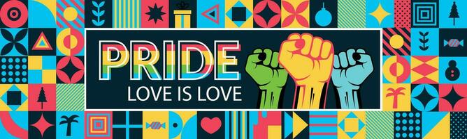 Pride day banner with modern retro abstract background design. Colorful Rainbow Happy Pride day. Love is love. vector eps 10