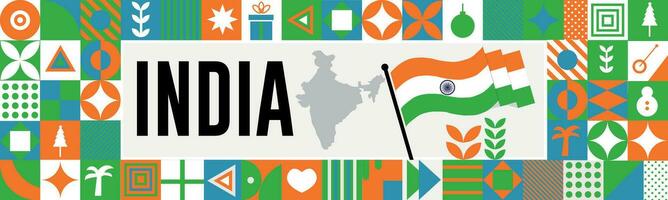 INDIA national day banner with map, flag colors theme background and geometric abstract retro modern colorfull design with raised hands or fists. vector