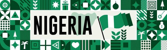 NIGERIA national day banner with map, flag colors theme background and geometric abstract retro modern colorfull design with raised hands or fists. vector