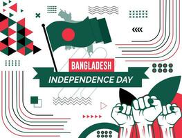 Bangladesh nacional día bandera con mapa, bandera colores tema antecedentes y geométrico resumen retro moderno colorido diseño con elevado manos o puños vector