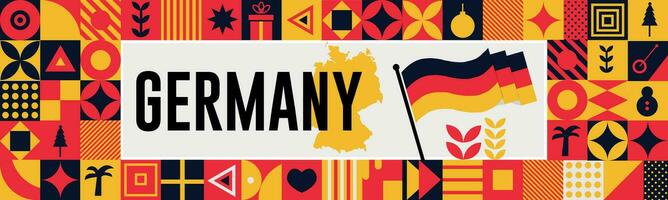 GERMANY national day banner with map, flag colors theme background and geometric abstract retro modern colorfull design with raised hands or fists. vector