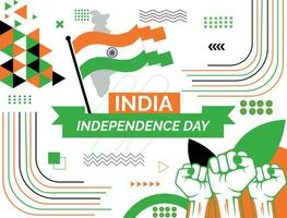 INDIA national day banner with map, flag colors theme background and geometric abstract retro modern colorfull design with raised hands or fists. vector