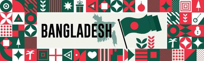 BANGLADESH national day banner with map, flag colors theme background and geometric abstract retro modern colorfull design with raised hands or fists. vector