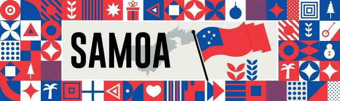 SAMOA national day banner with map, flag colors theme background and geometric abstract retro modern colorfull design with raised hands or fists. vector