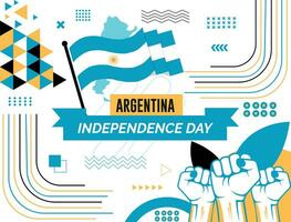 ARGENTINA  national day banner with map, flag colors theme background and geometric abstract retro modern colorfull design with raised hands or fists. vector