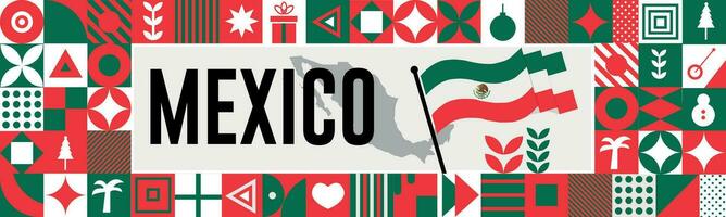MEXICO national day banner with map, flag colors theme background and geometric abstract retro modern colorfull design with raised hands or fists. vector