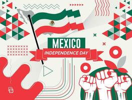 MEXICO national day banner with map, flag colors theme background and geometric abstract retro modern colorfull design with raised hands or fists. vector