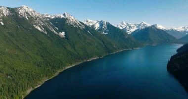 Aerial landscape view of Chilliwack Lake and mountains in spring. video
