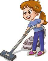 Happy smiling little girl character helping mother and cleaning house floor with vacuum cleaner vector