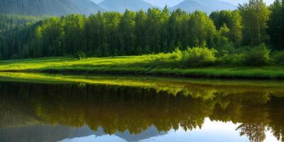 Serene spring summer nature landscape reflection. AI Generative photo