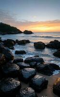 Magical sunset summer landscape on the beach by scenic rocks foreground. AI Generative photo
