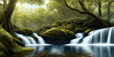 Photorealistic panoramic view of the beautiful natural river landscape in the forest created with ai generative photo