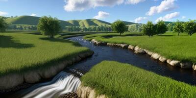 fotorrealista naturaleza río paisaje rodeado colinas Valle creado con ai generativo foto