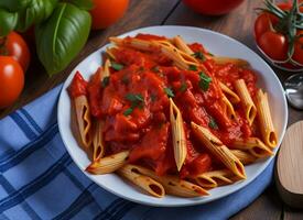 Penne Pasta with Tomato Sauce, Chicken, and Tomatoes on Wooden Table, AI Generated photo