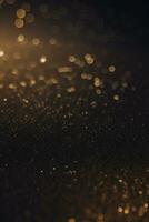 Golden Glitter Lights on Dark Background, Abstract Sparkle Particle Bokeh, AI Generated photo