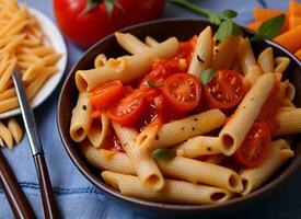 Penne Pasta with Tomato Sauce, Chicken, and Tomatoes on Wooden Table, AI Generated photo