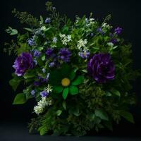 Beautiful bouquet of flowers on black background. Studio shot. Generative AI photo