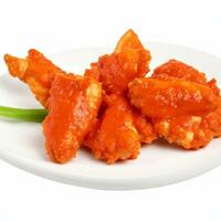 Fried chicken wings in tomato sauce on white plate isolated on white background. Generative AI photo