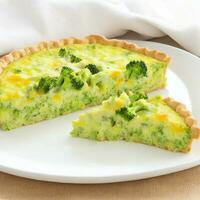 Broccoli quiche on a white plate. Shallow dof. Generative AI photo