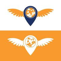 Map pin pointer with wings logo concept design. vector