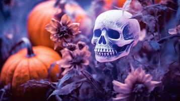 Generative AI, Halloween duotone background with flowers and pumpkin photo