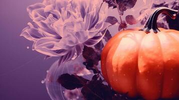 Generative AI, Halloween duotone background with flowers and pumpkin photo