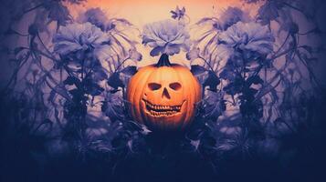 Generative AI, Halloween duotone background with flowers and pumpkin photo