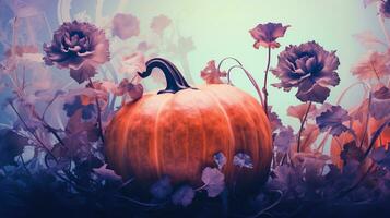 Generative AI, Halloween duotone background with flowers and pumpkin photo