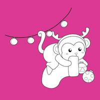 Cute Monkey Christmas Winter Animal Cartoon Digital Stamp Outline vector