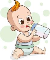 Vector illustration of cute happy baby holding baby milk bottle