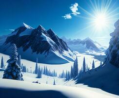 Winter Wonderland, Majestic Mountains under a Blue Sky, AI Generated photo