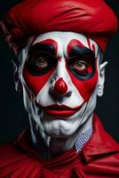 espantoso Víspera de Todos los Santos payaso, retrato de un siniestro traje rojo bufón, ai generado foto