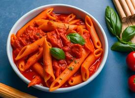 Penne Pasta with Tomato Sauce, Chicken, and Tomatoes on Wooden Table, AI Generated photo