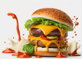 Delicious Burger with Tasty Ingredients and Cheesy Splash Sauce on White Background, AI Generated photo