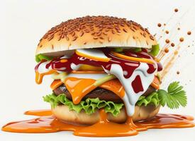 delicioso hamburguesa con sabroso ingredientes y caseoso chapoteo salsa en blanco fondo, ai generado foto